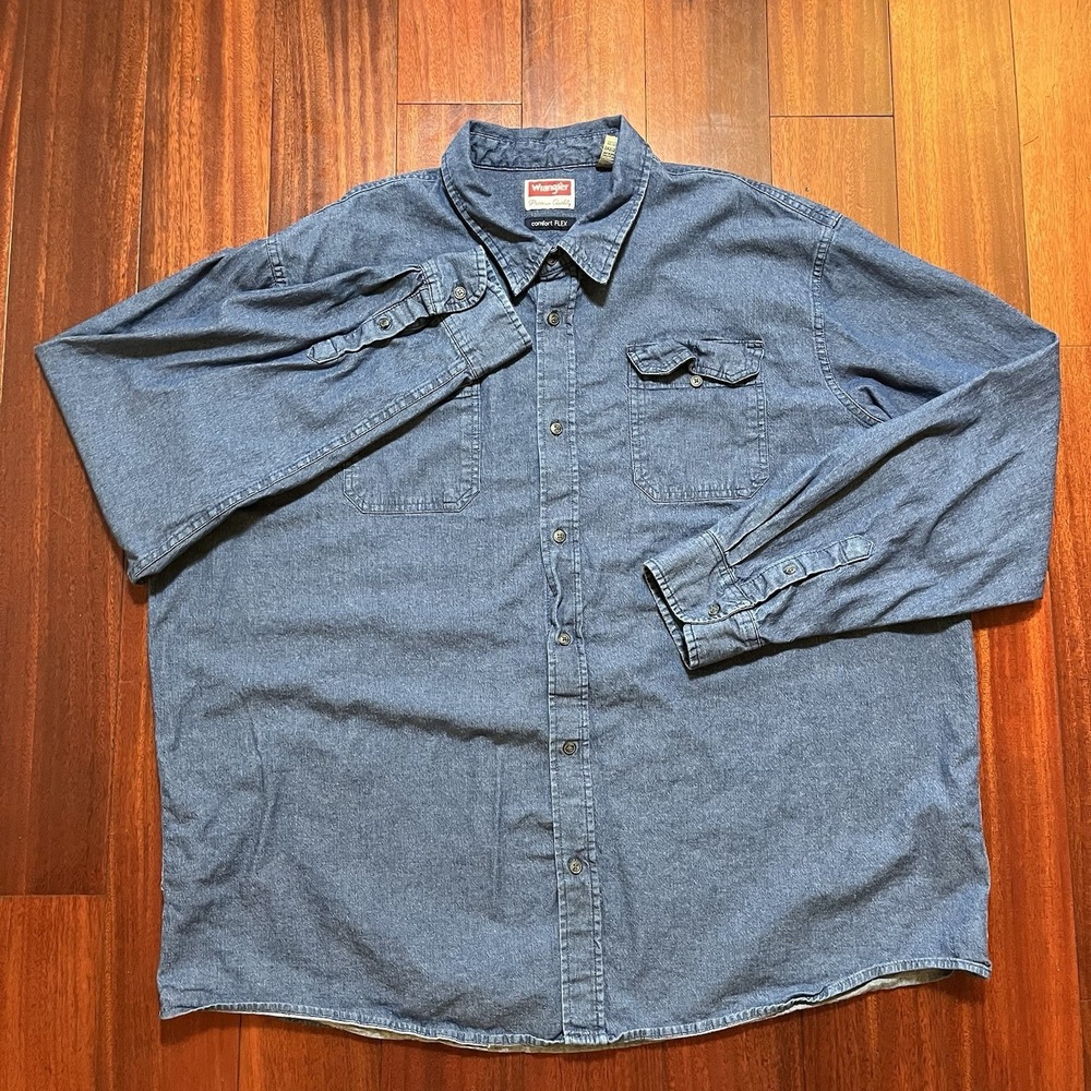 Wrangler Shirt Men 3XT 3XLT Big & Tall Chambray Blue Premium Comfort FLEX Read *